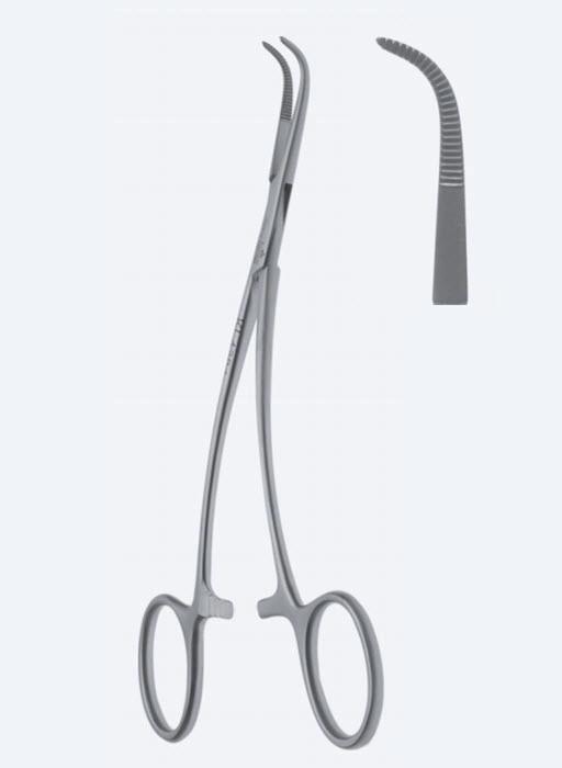 Зажими дисекційні та лігатурні Micro Overholt сильно вигнуті, зубчасті щелепи, з кремальєрою, довжина 150 мм. Бренд - Asanus Medizintechnik Gmb, Німеччина